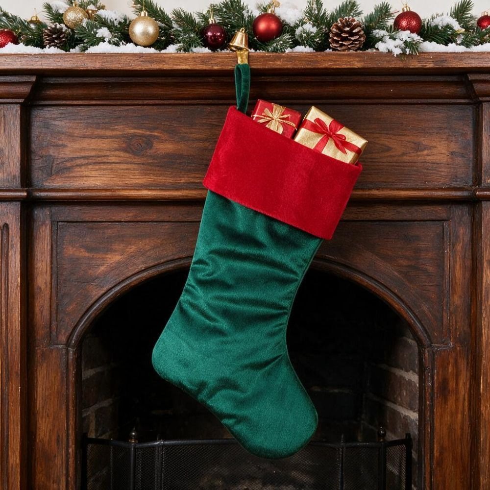 Christmas Stocking Hanging - Red Green Velvet Christmas Stocking Plush
