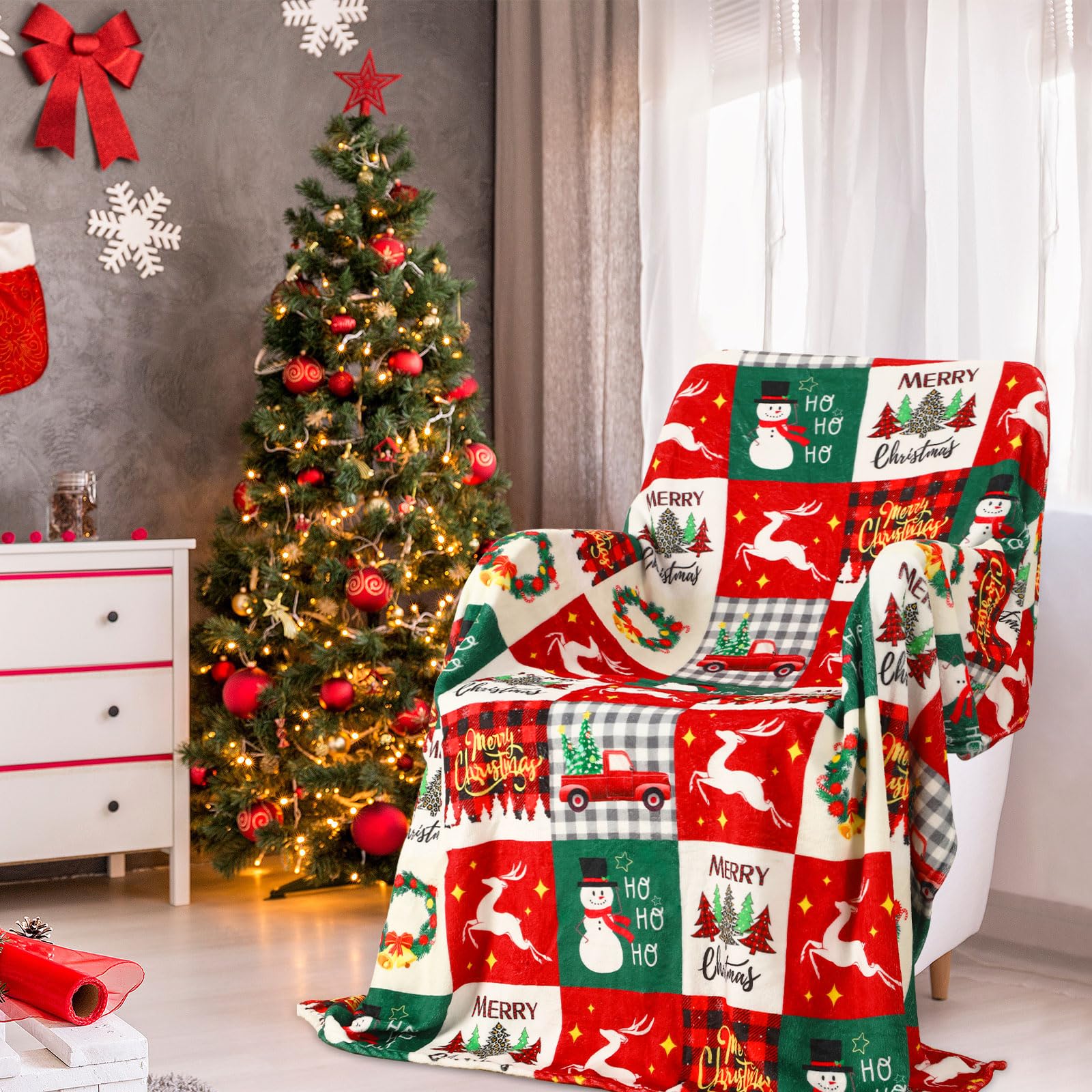 Christmas Throw Blanket - Christmas Red Green Plaid Snowman Throw