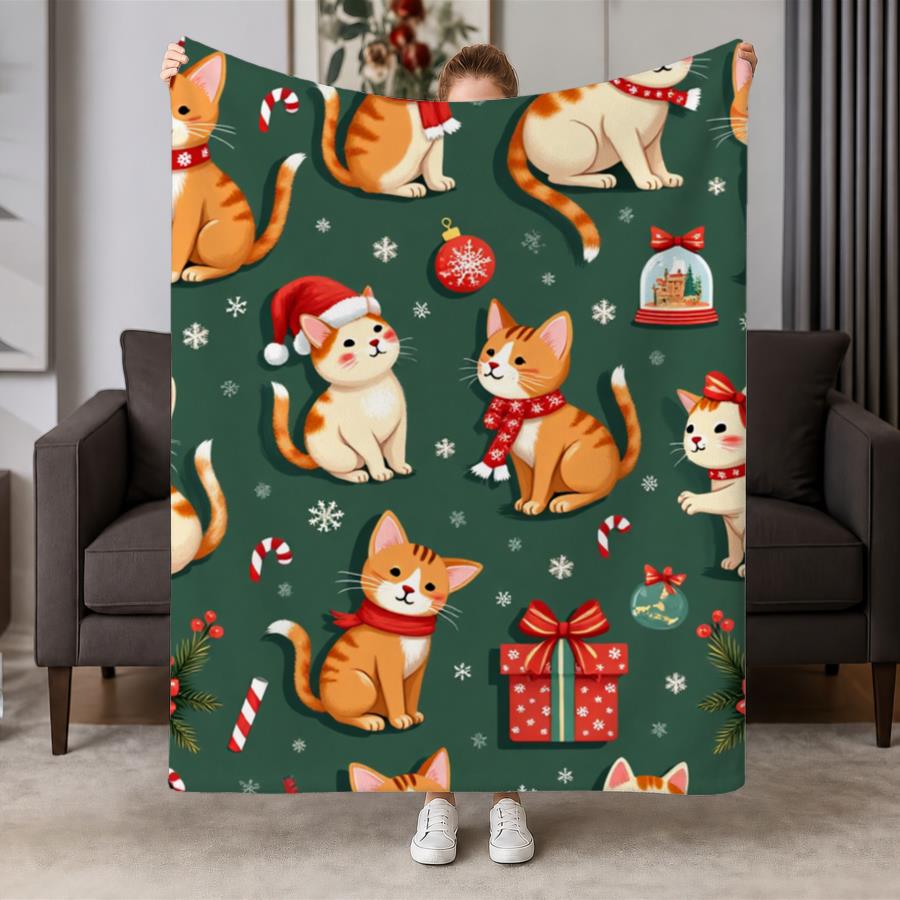 Christmas Throw Blanket - Cozy Vintage Holiday Kitten Flannel Throw